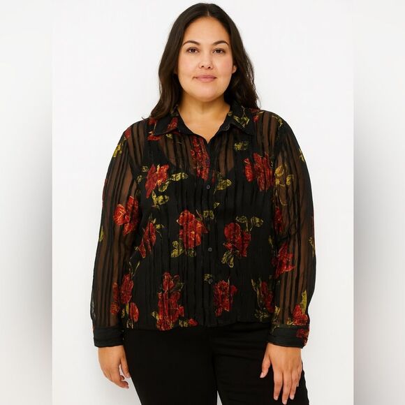 John Paul Richard Velvet Burnout Floral Print Semi Sheer Whimsy Goth Shirt, XL - Picture 1 of 8
